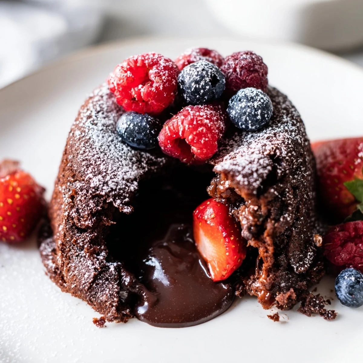 Decadent Valentine Chocolate Lava Cakes are plated beside vibrant fresh raspberries and strawberries for a romantic dessert.