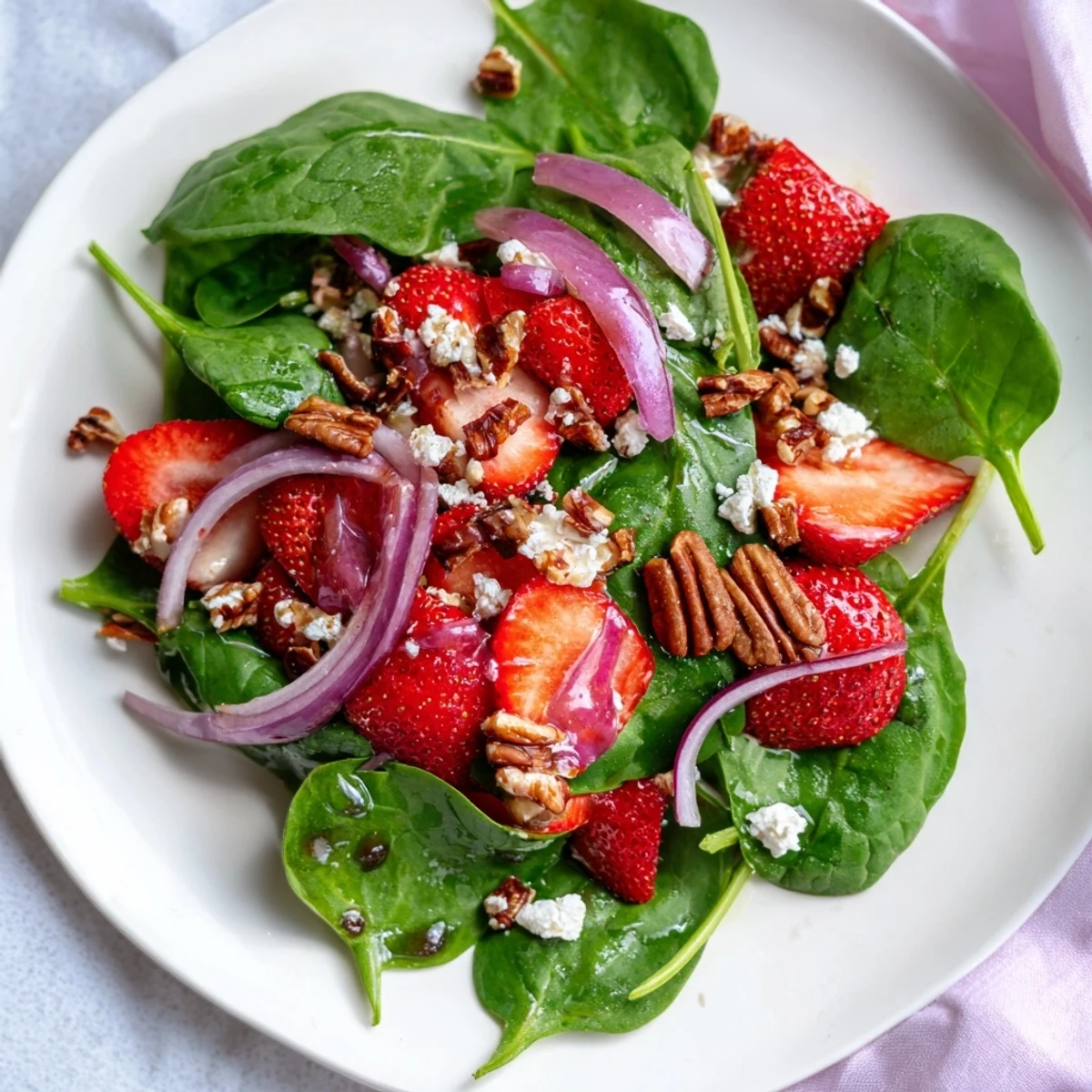 A close-up of juicy strawberries and toasted nuts on tender greens, drizzled with tangy balsamic dressing for a summer side.