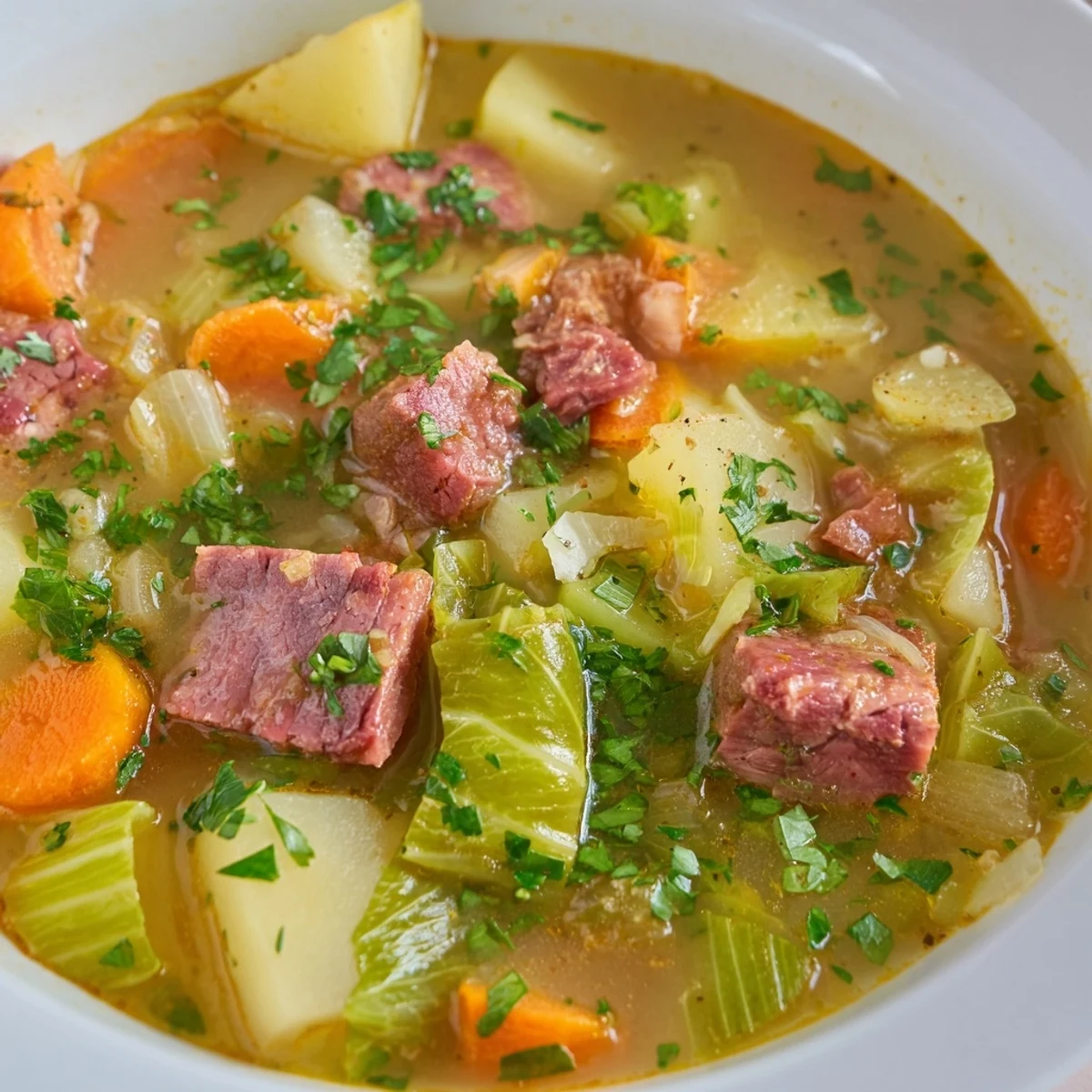 Chunky Corned Beef and Cabbage Soup with Potatoes bubbling in a Dutch oven, packed with carrots and tender veggies.