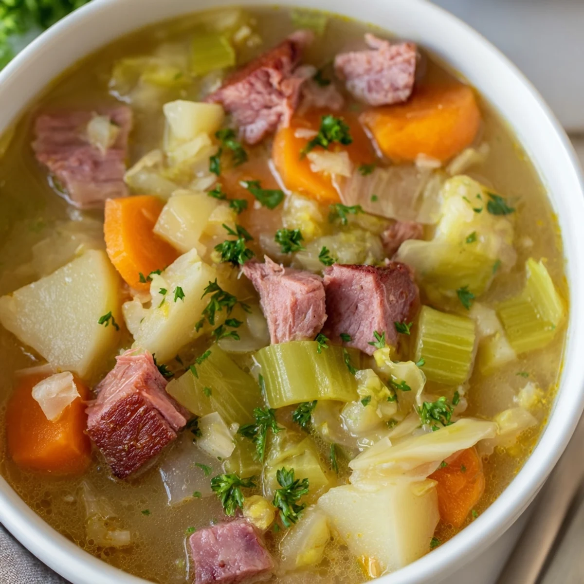 Cozy Corned Beef and Cabbage Soup with Potatoes ladled into rustic bowls, next to slices of crusty bread.