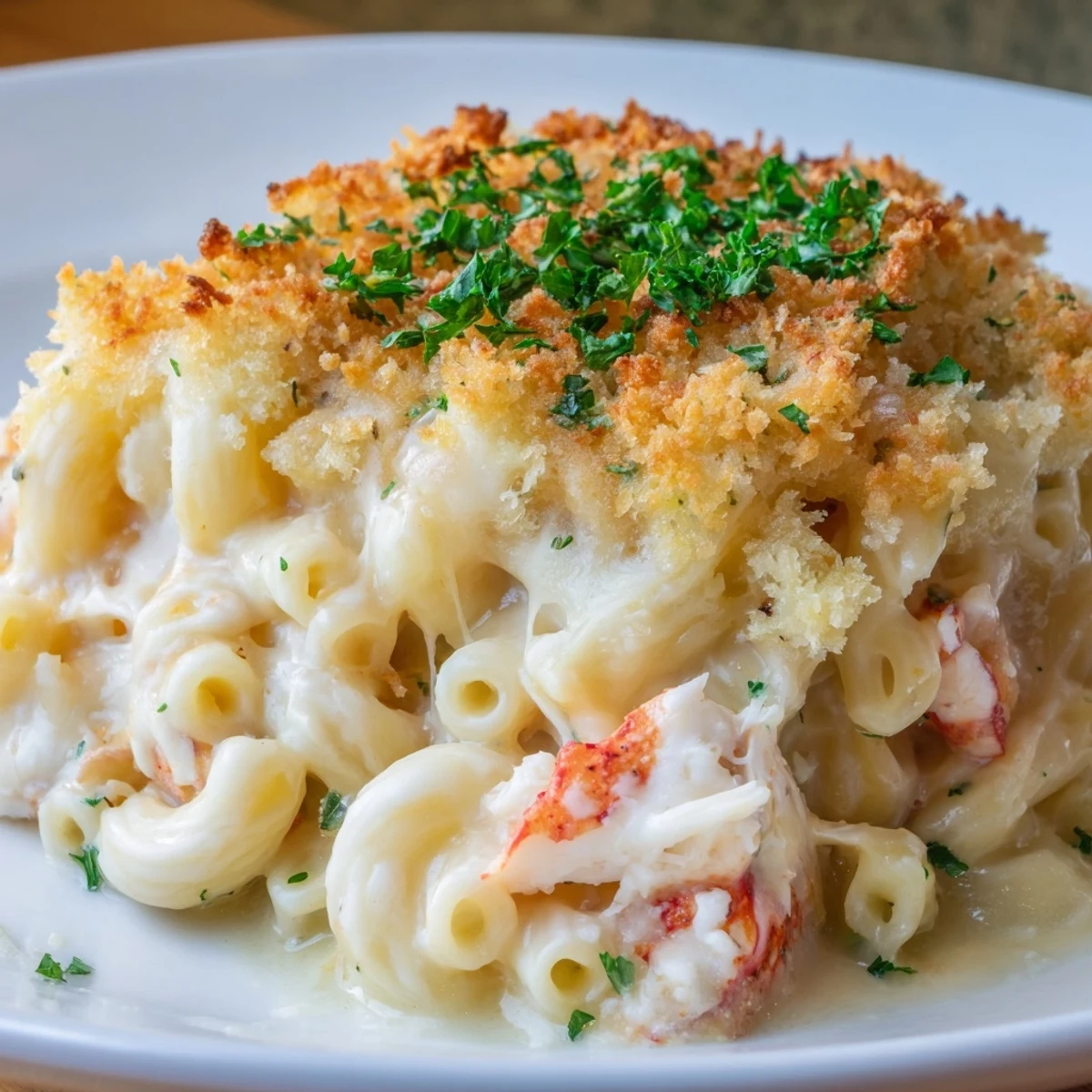 Golden, crispy breadcrumbs top this creamy Lobster Macaroni and Cheese, baked to bubbling perfection in a dish.