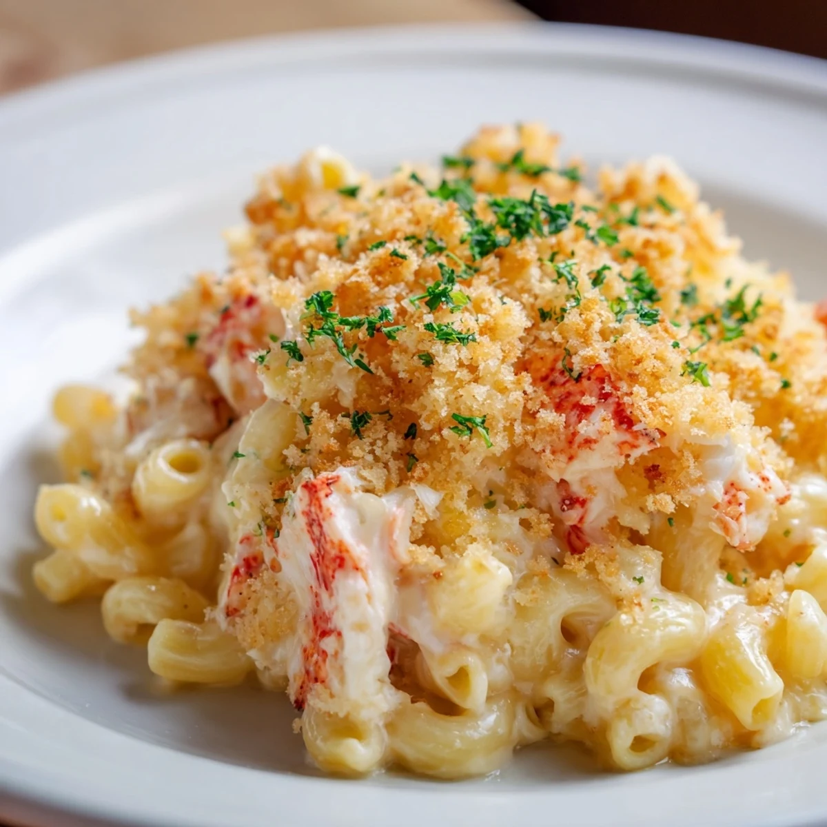 Succulent chunks of tender lobster nestle among elbow macaroni in a rich, velvety cheddar and Gruyère sauce.