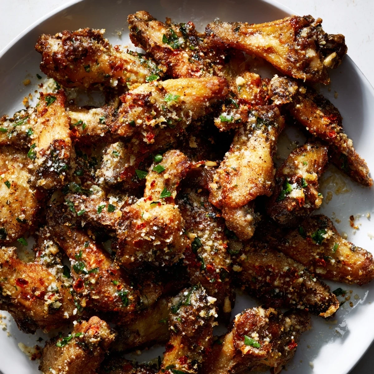 Golden brown Crispy Baked Chicken Wings with Garlic Parmesan resting on a wire rack, glistening with buttery sauce and herbs.