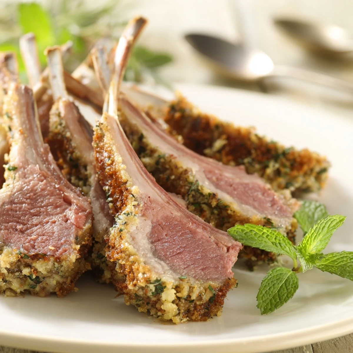 Juicy individual chops from a Garlic Herb Roasted Rack of Lamb are sliced and plated with glossy mint jelly.