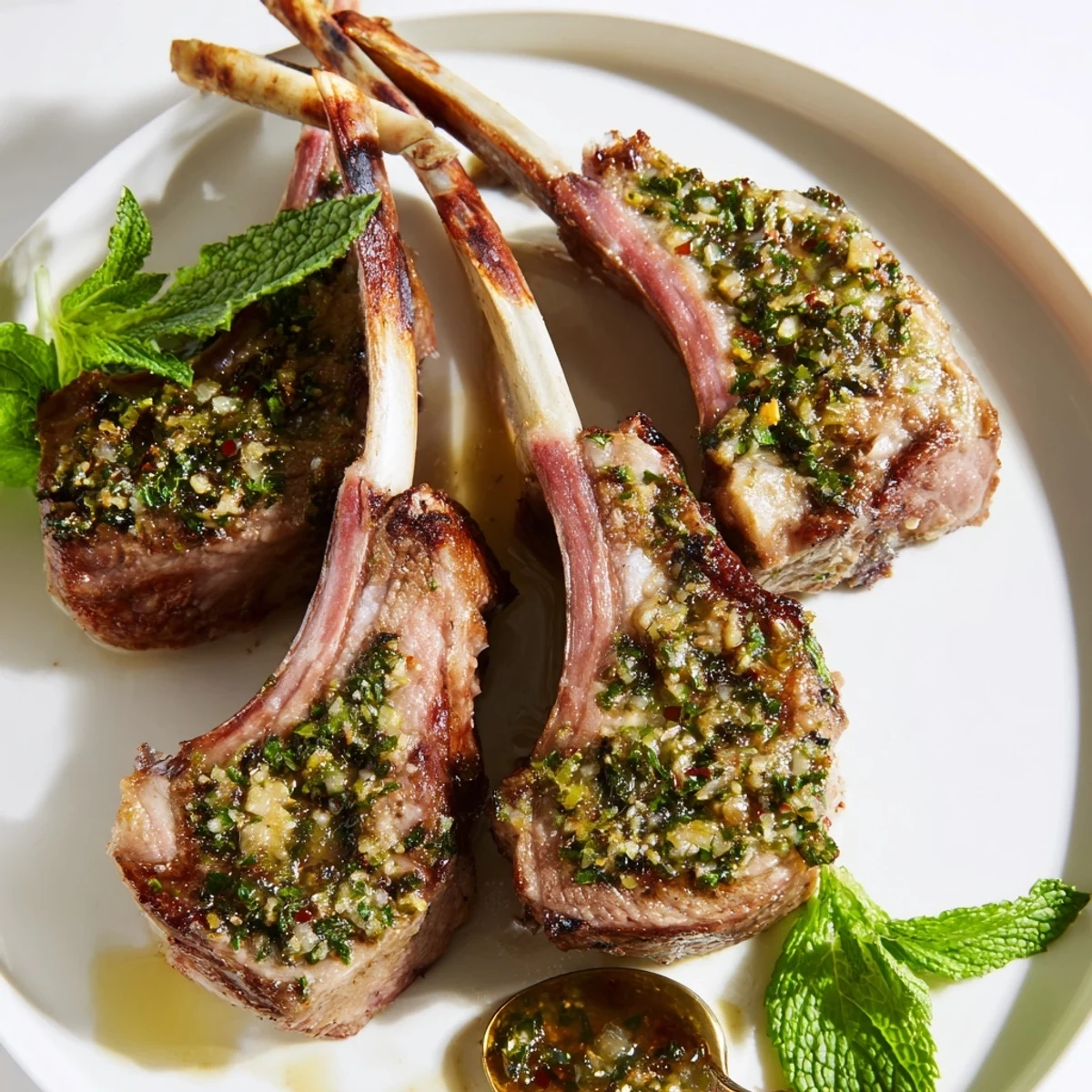 Overhead view of a Garlic Herb Roasted Rack of Lamb garnished with herbs, ready for a festive dinner party.