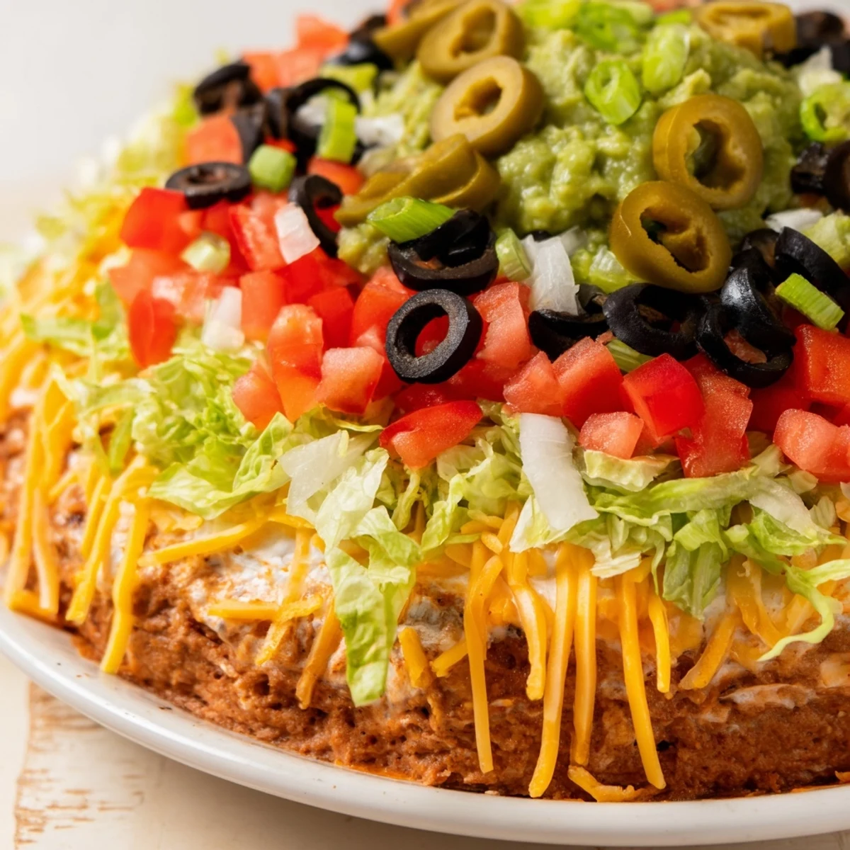 Ultimate Seven Layer Taco Dip with creamy guacamole and cheddar, scooped by chips.