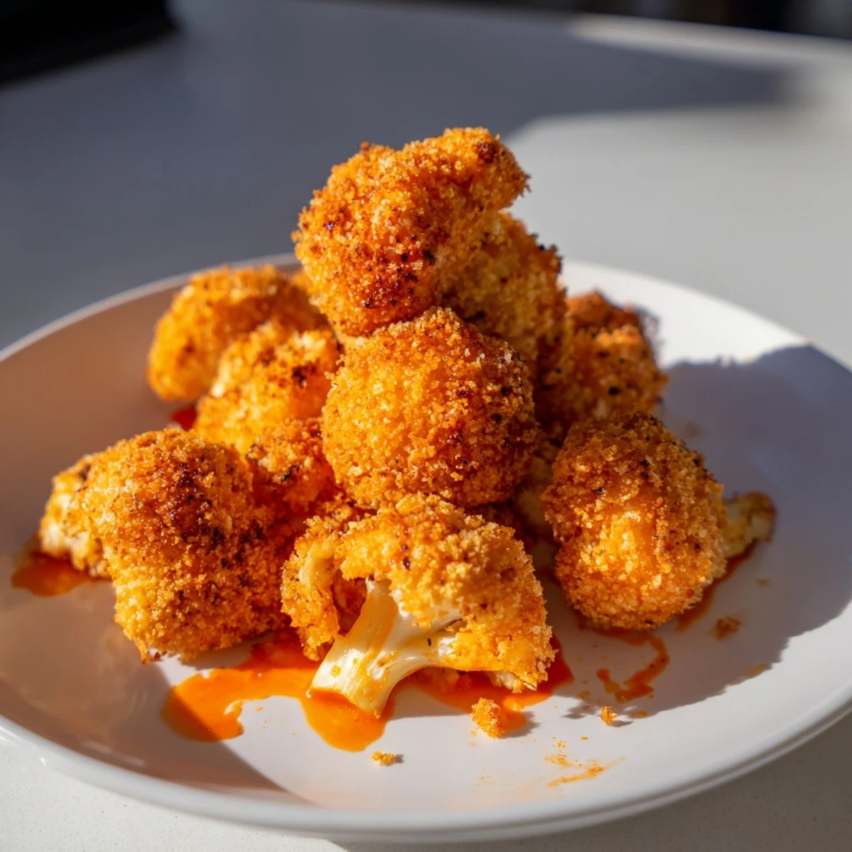 Golden, crunchy Crispy Baked Cauliflower Bites with Buffalo sauce, served with celery sticks and ranch dip.