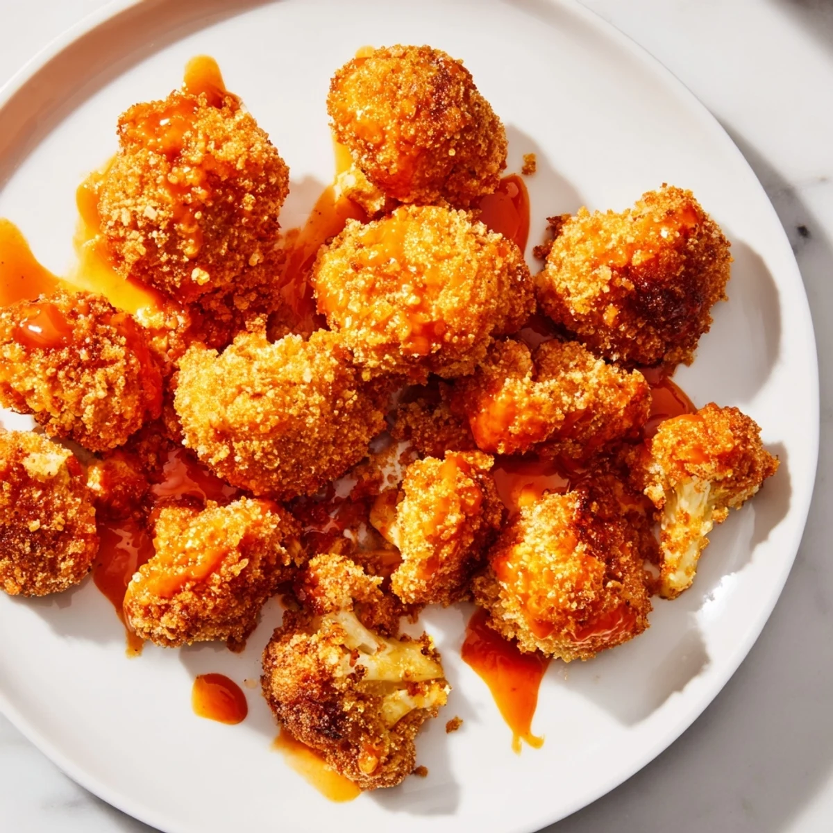 Spicy, tangy Crispy Baked Cauliflower Bites cooling on a plate next to fresh carrots and blue cheese.