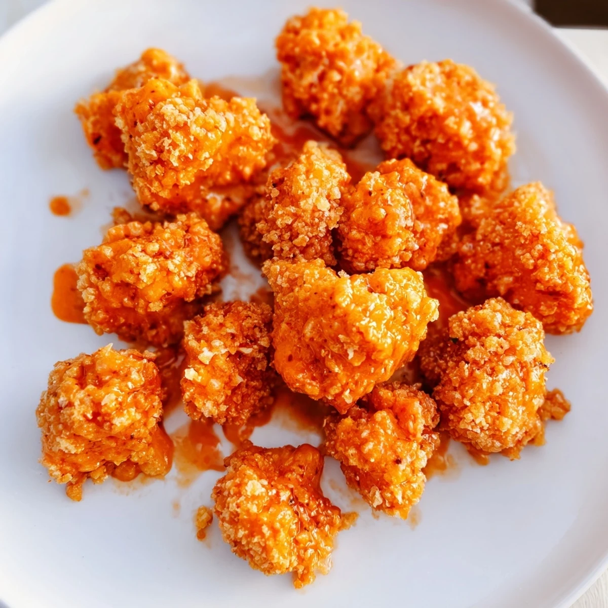 Freshly roasted Crispy Baked Cauliflower Bites glistening with Buffalo sauce, ready to enjoy as a party appetizer.