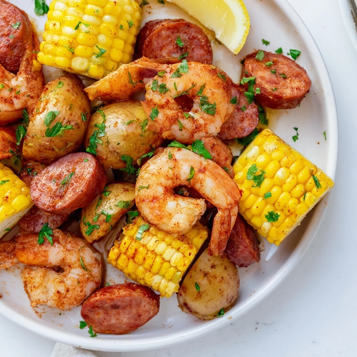 Sheet Pan Shrimp Boil with Corn and Old Bay features roasted shrimp, andouille sausage, and golden potatoes on a single pan.
