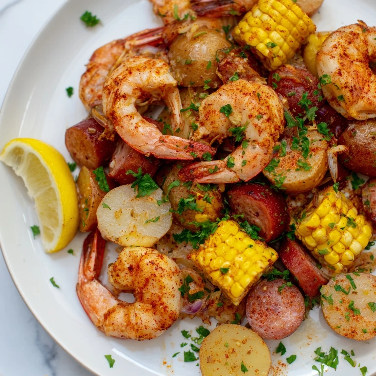 The meal showcases vibrant corn, tender shrimp, and savory sausage, all seasoned with classic Old Bay spices.