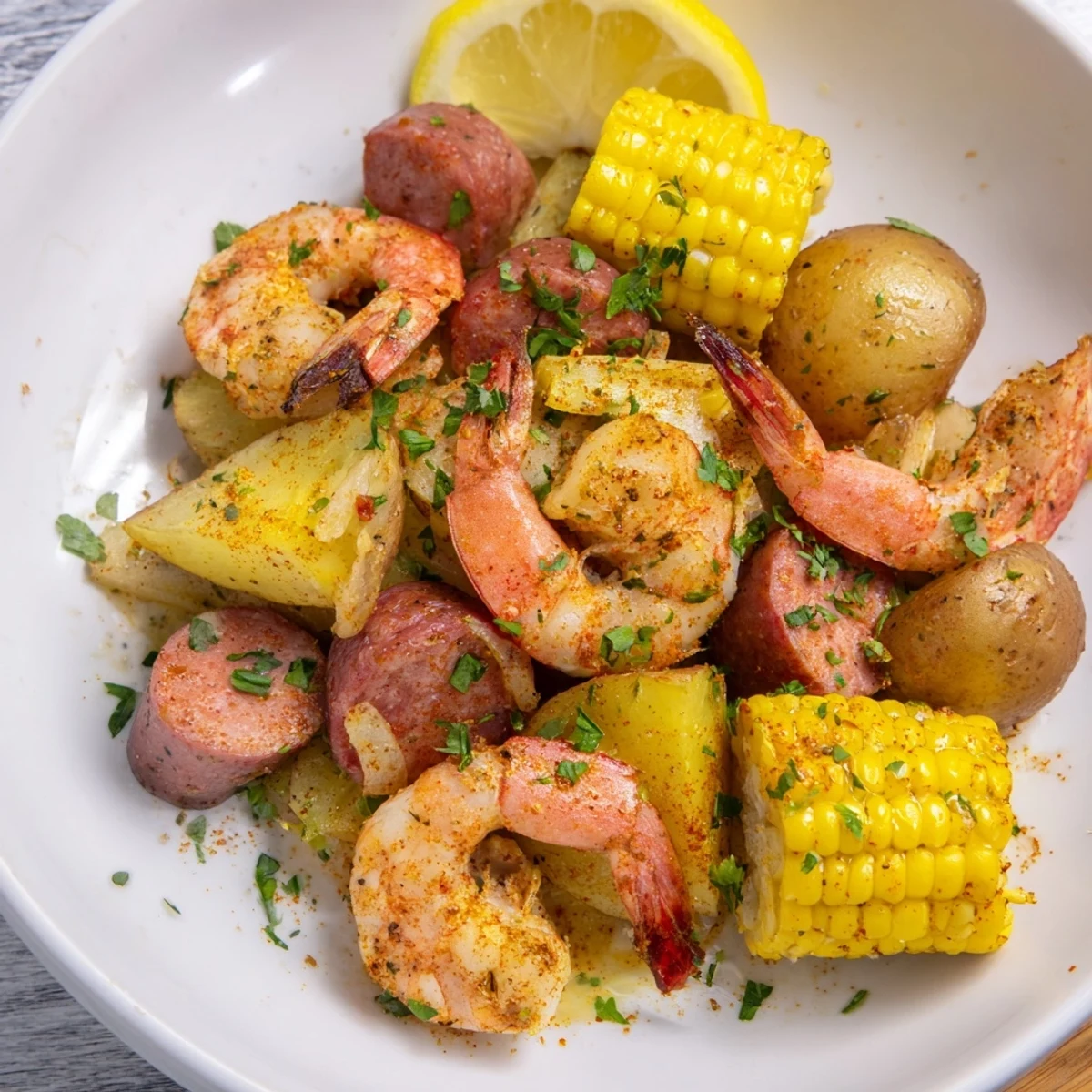 Garnished with fresh parsley and lemon wedges, this easy one-pan dinner is ready to serve hot.