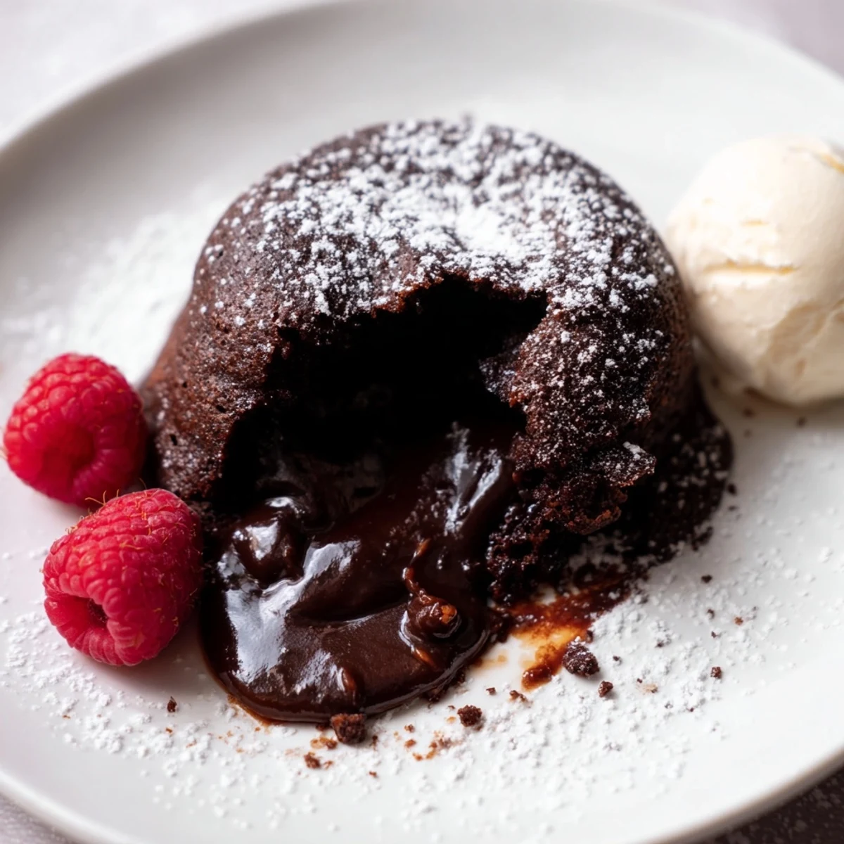 Freshly baked Valentine Molten Chocolate Lava Cakes rest on white plates, boasting crackly tops, ready to be dusted with powdered sugar.