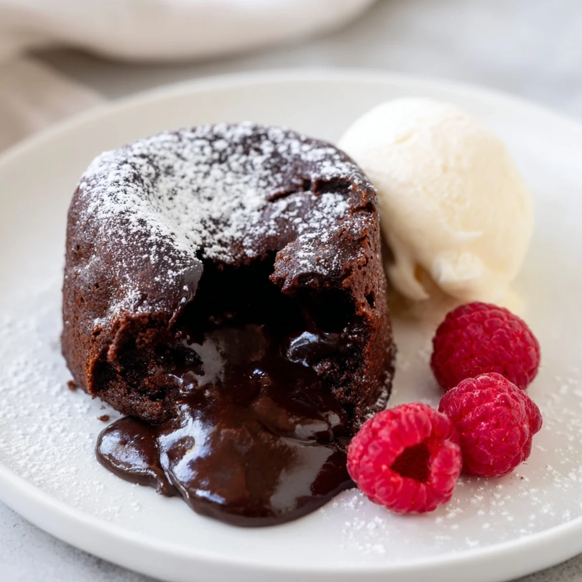 Individual Valentine Molten Chocolate Lava Cakes are garnished with fresh raspberries and a scoop of vanilla ice cream for a romantic dessert.
