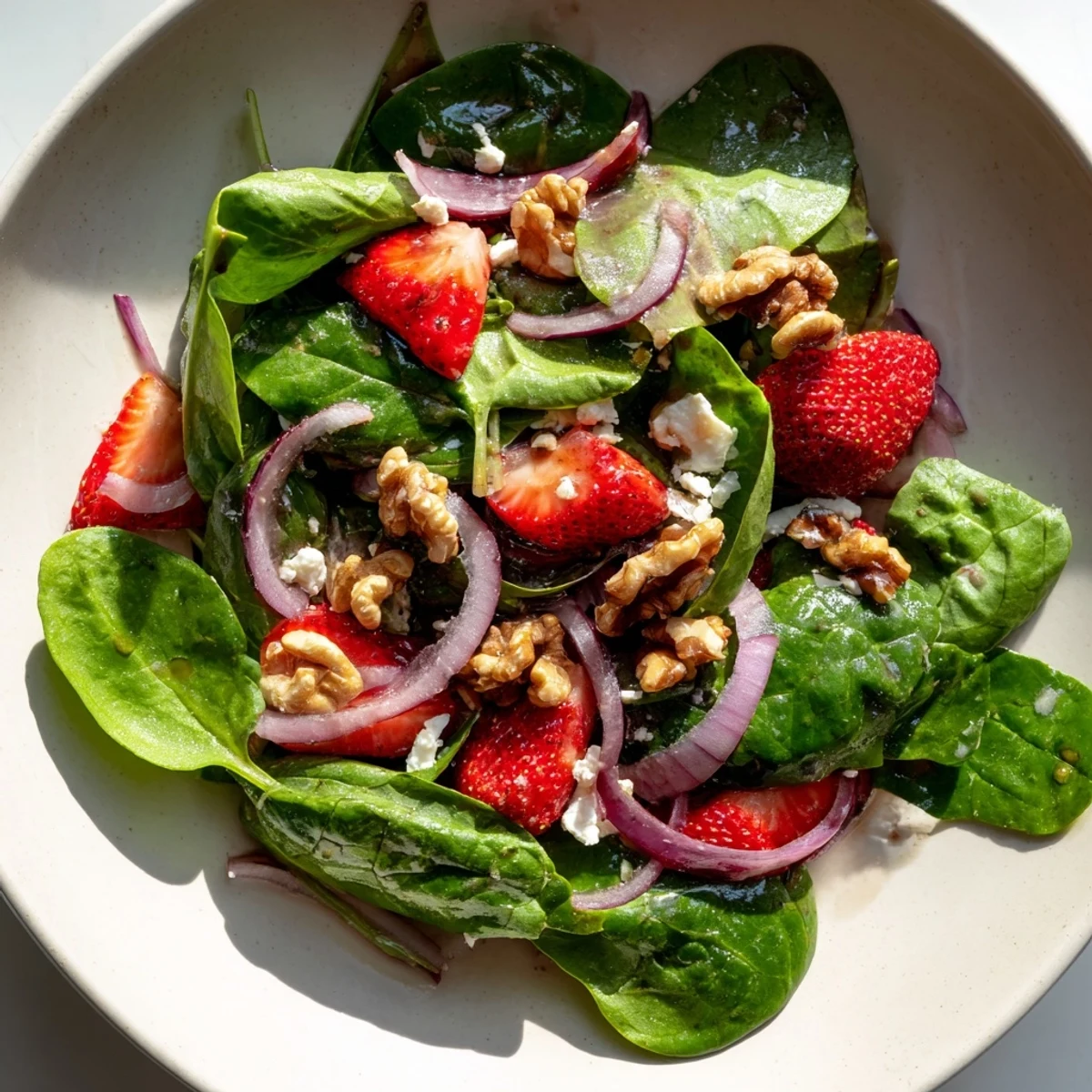 Fresh baby spinach, sliced strawberries, and toasted walnuts tossed in a tangy balsamic vinaigrette.