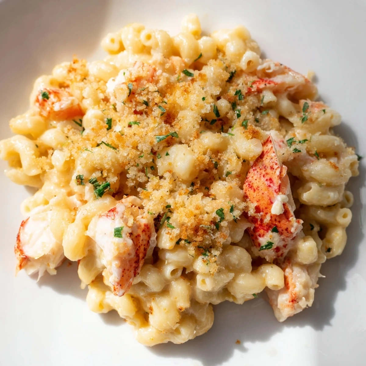 Fresh lobster macaroni and cheese is served in a rustic dish, garnished with lemon zest and chives, ready to enjoy.