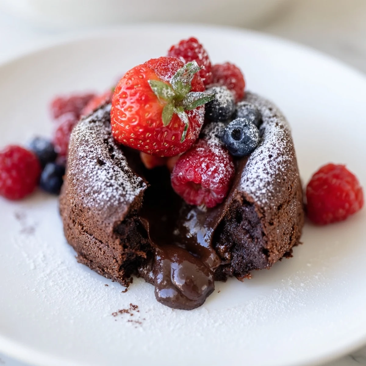 Warm Valentine Molten Chocolate Lava Cakes with Berries ooze rich, dark chocolate from their centers onto a white plate.  