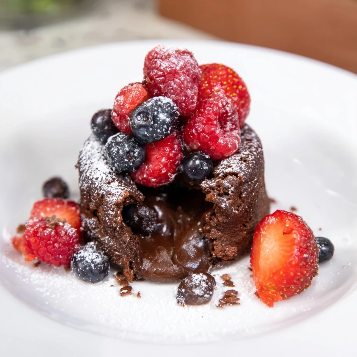 Fresh mixed berries and a dusting of powdered sugar top these romantic, homemade French-American lava cakes.  