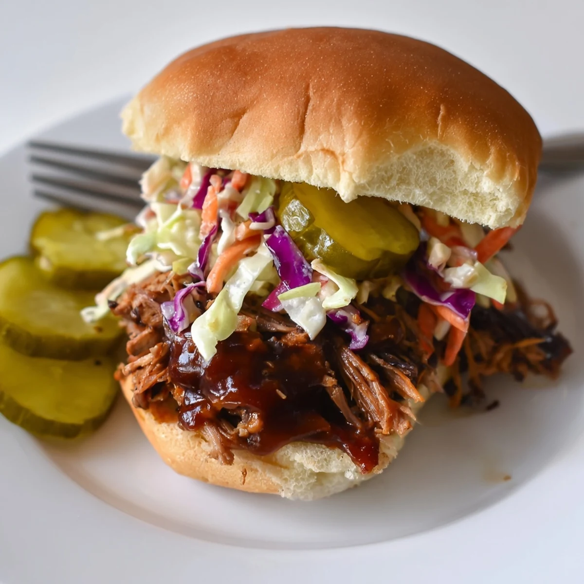 Golden toasted buns holding juicy smoked brisket, fresh cabbage slaw, and pickle slices—ideal for backyard barbecues or game day.