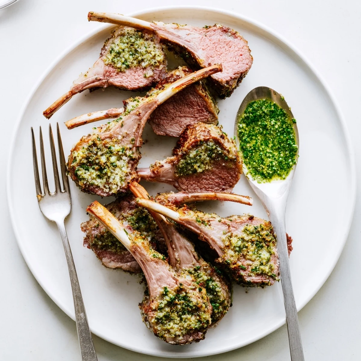 Golden-brown Garlic Herb Roasted Rack of Lamb with Mint Sauce, sliced into chops on a rustic platter.