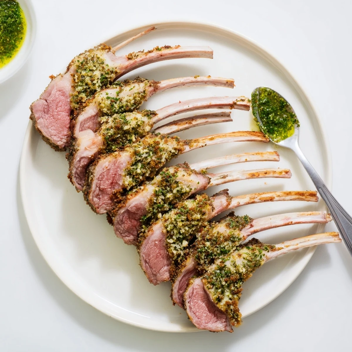 Savory Garlic Herb Roasted Rack of Lamb with Mint Sauce served with fresh mint garnish on a plate.
