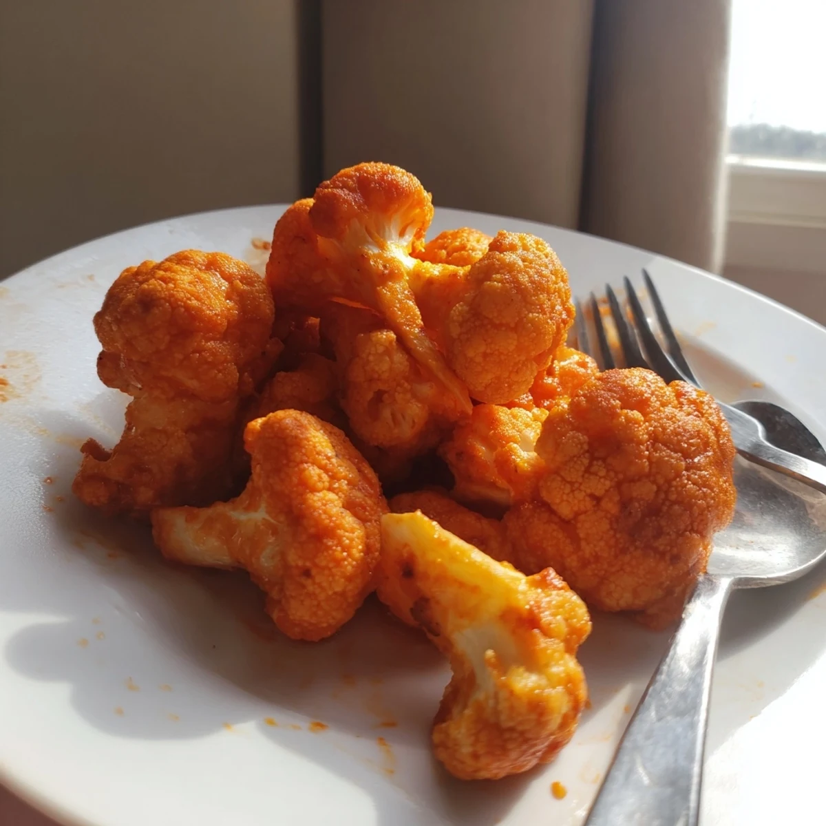 Golden-brown, crispy baked cauliflower bites coated in tangy buffalo sauce, served with creamy ranch dip on a rustic wooden board.