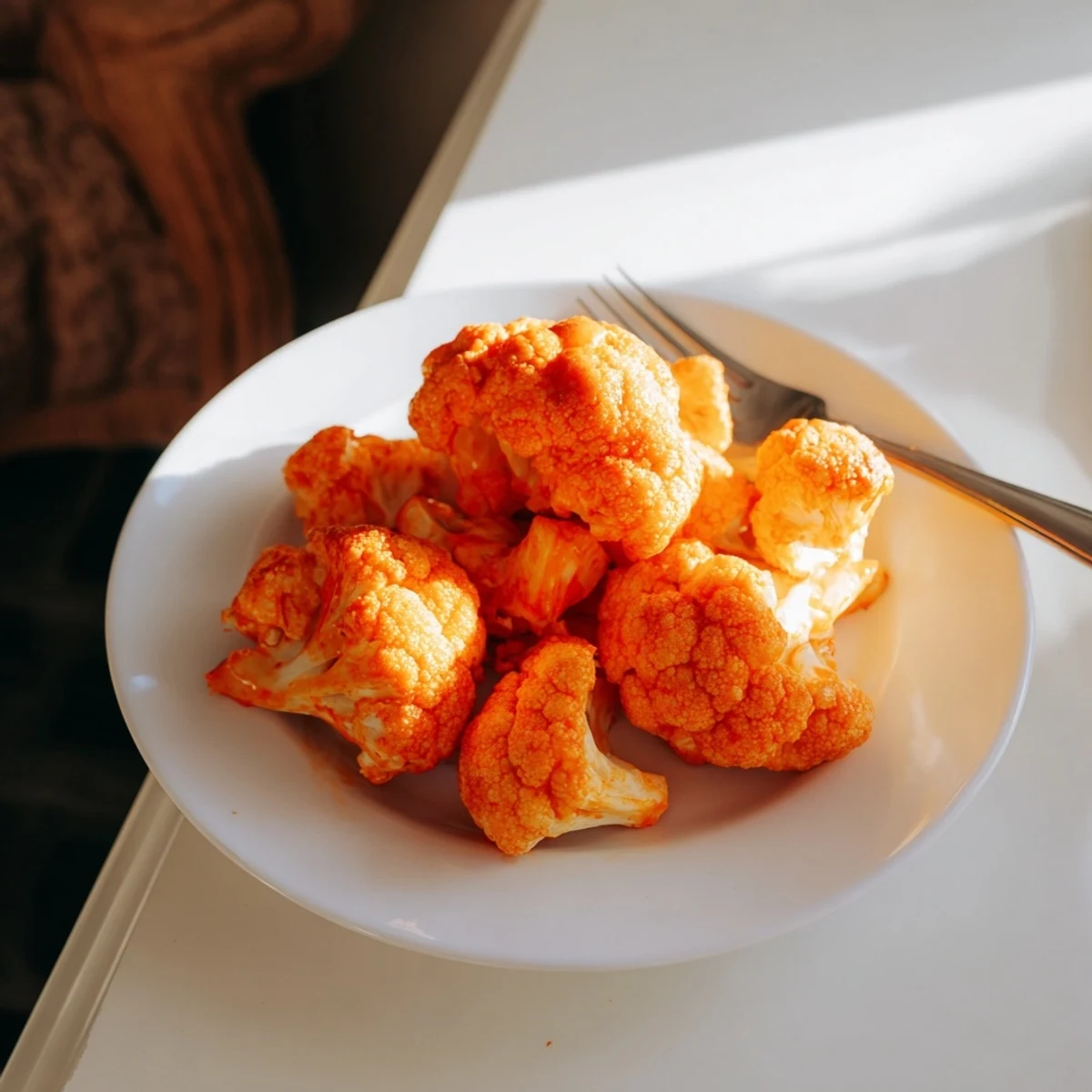Close-up of crunchy panko-crusted cauliflower bites glistening with buffalo sauce, ideal for vegetarian game day snacks or party appetizers.