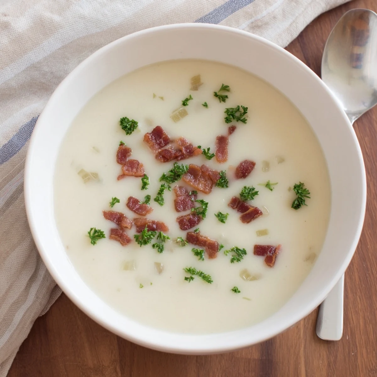 Creamy Potato and Leek Soup with Turkey Bacon, garnished with crispy bacon bits and fresh chives, in a rustic bowl.