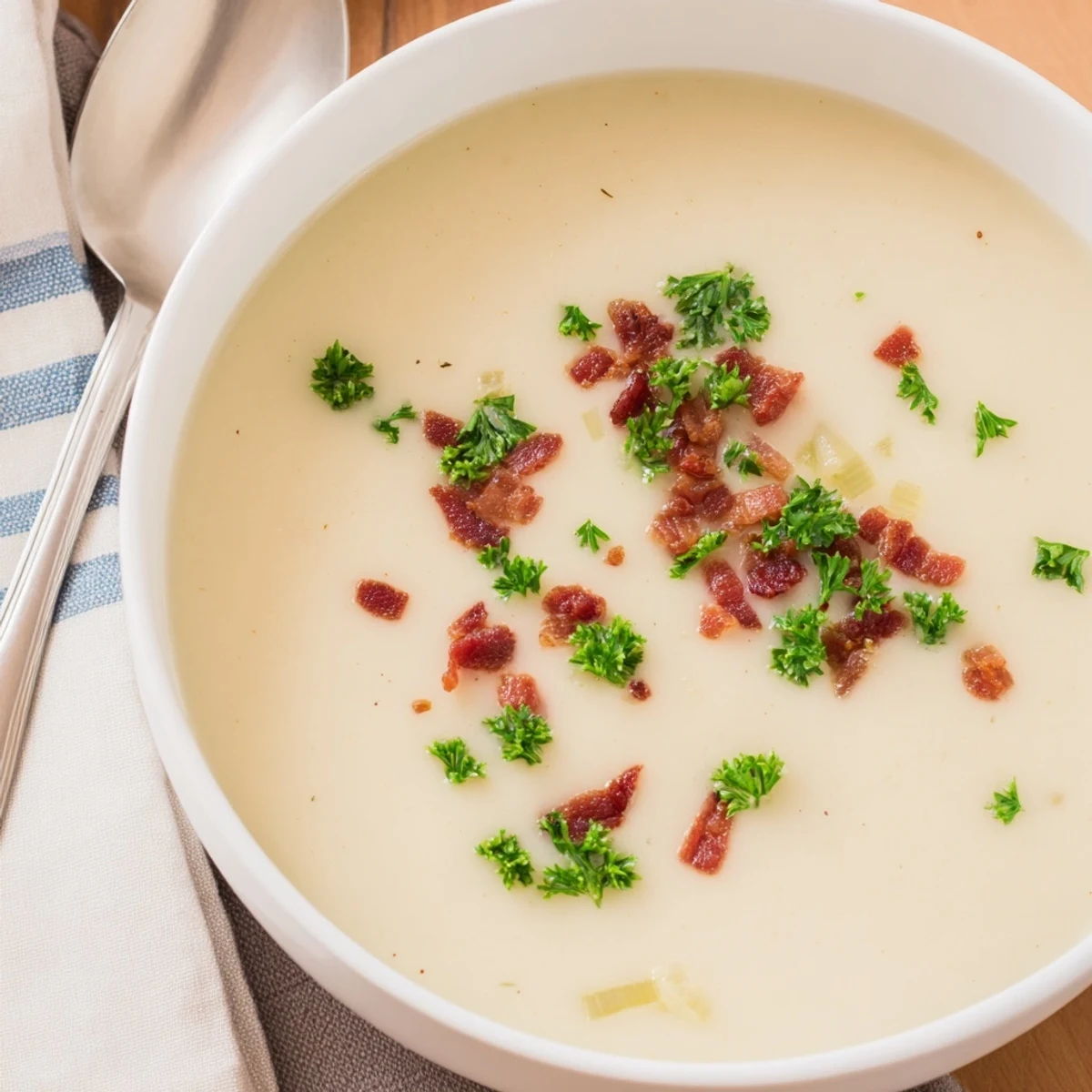 Creamy Potato and Leek Soup with Turkey Bacon steaming from a pot, showcasing a velvety, rich, and comforting texture.