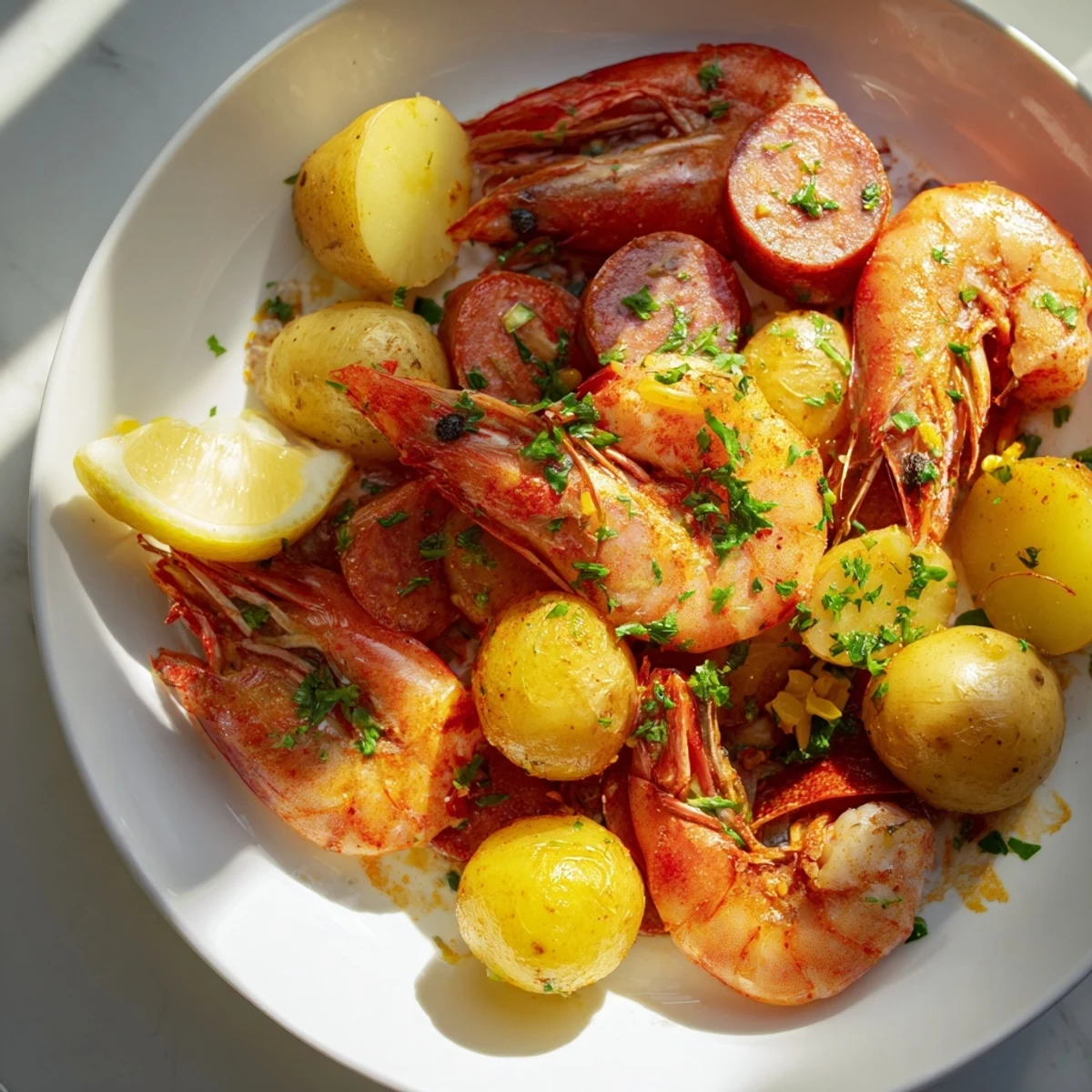 A vibrant sheet pan shrimp boil with roasted corn, baby potatoes, andouille sausage, and tender shrimp garnished with fresh parsley and lemon wedges.