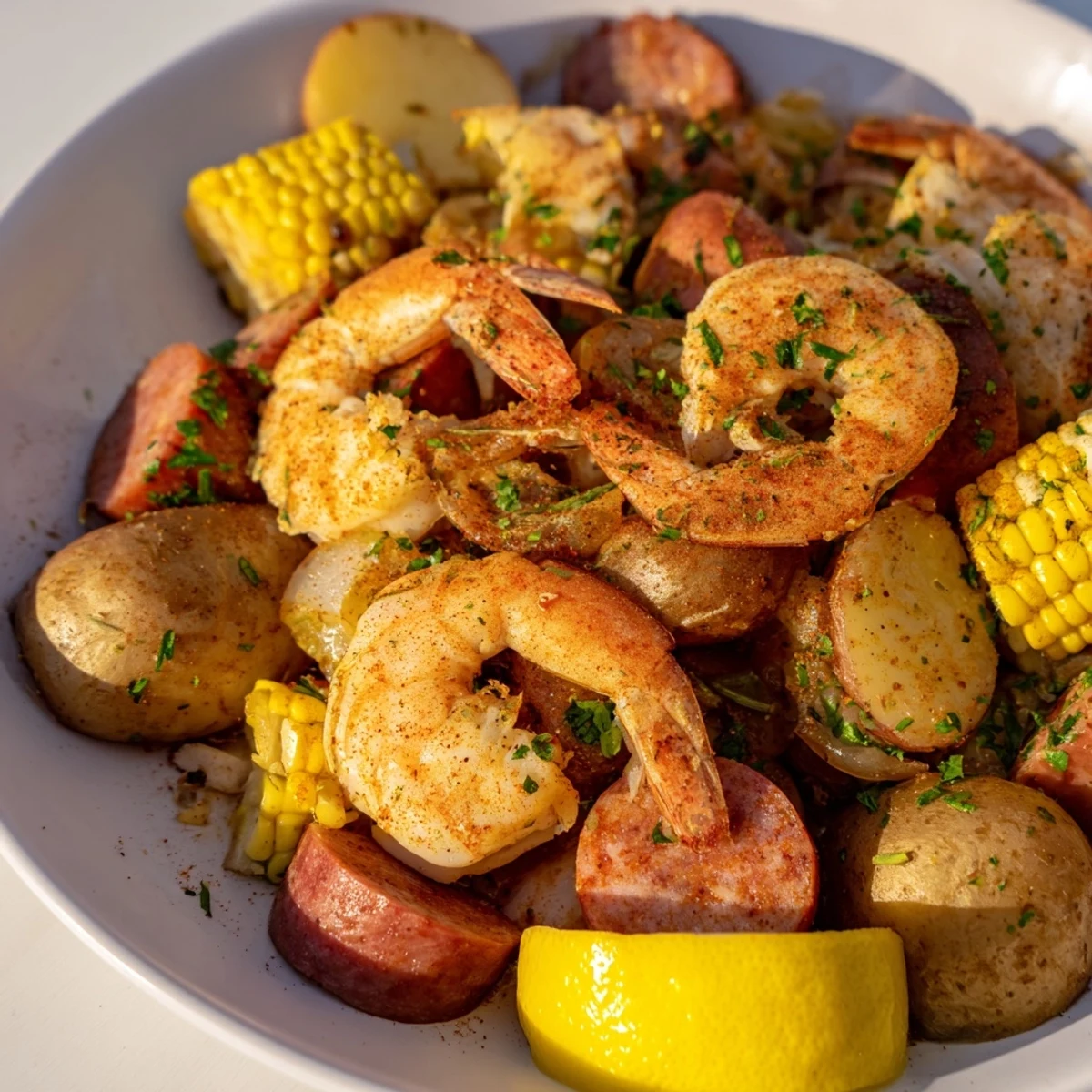A rustic wooden table displays a golden-brown sheet pan shrimp boil, highlighting charred corn and juicy pink shrimp perfect for a busy weeknight dinner.