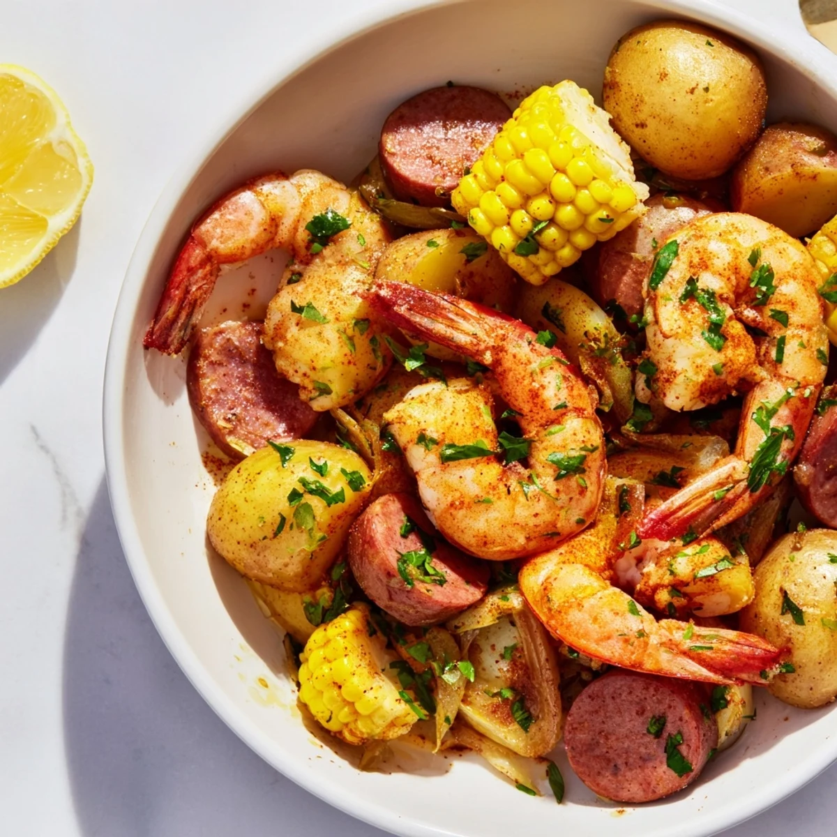 Hearty Sheet Pan Shrimp Boil with Corn and Potatoes served family-style, featuring smoky sausage and zesty lemon for a classic Southern-inspired meal.