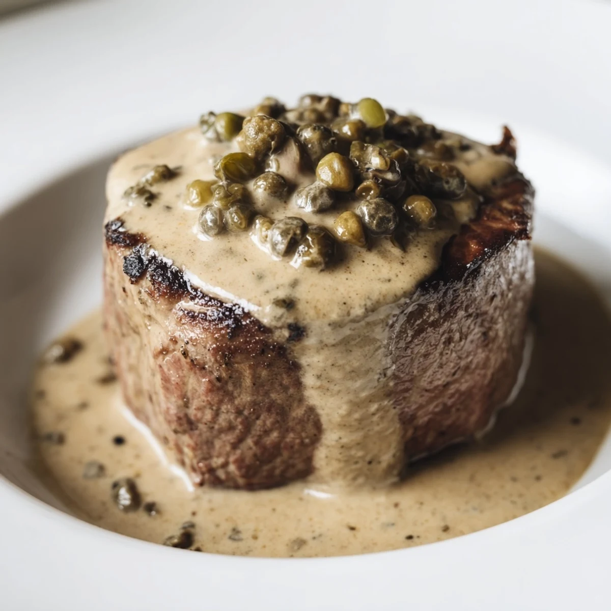 Perfectly seared beef tenderloin steaks with a rich, creamy peppercorn sauce and fresh herbs garnish.