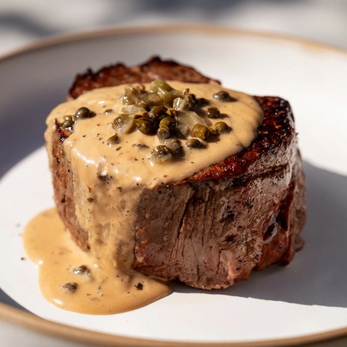 Sizzling beef tenderloin with peppercorn cream sauce, served with roasted potatoes and green beans.