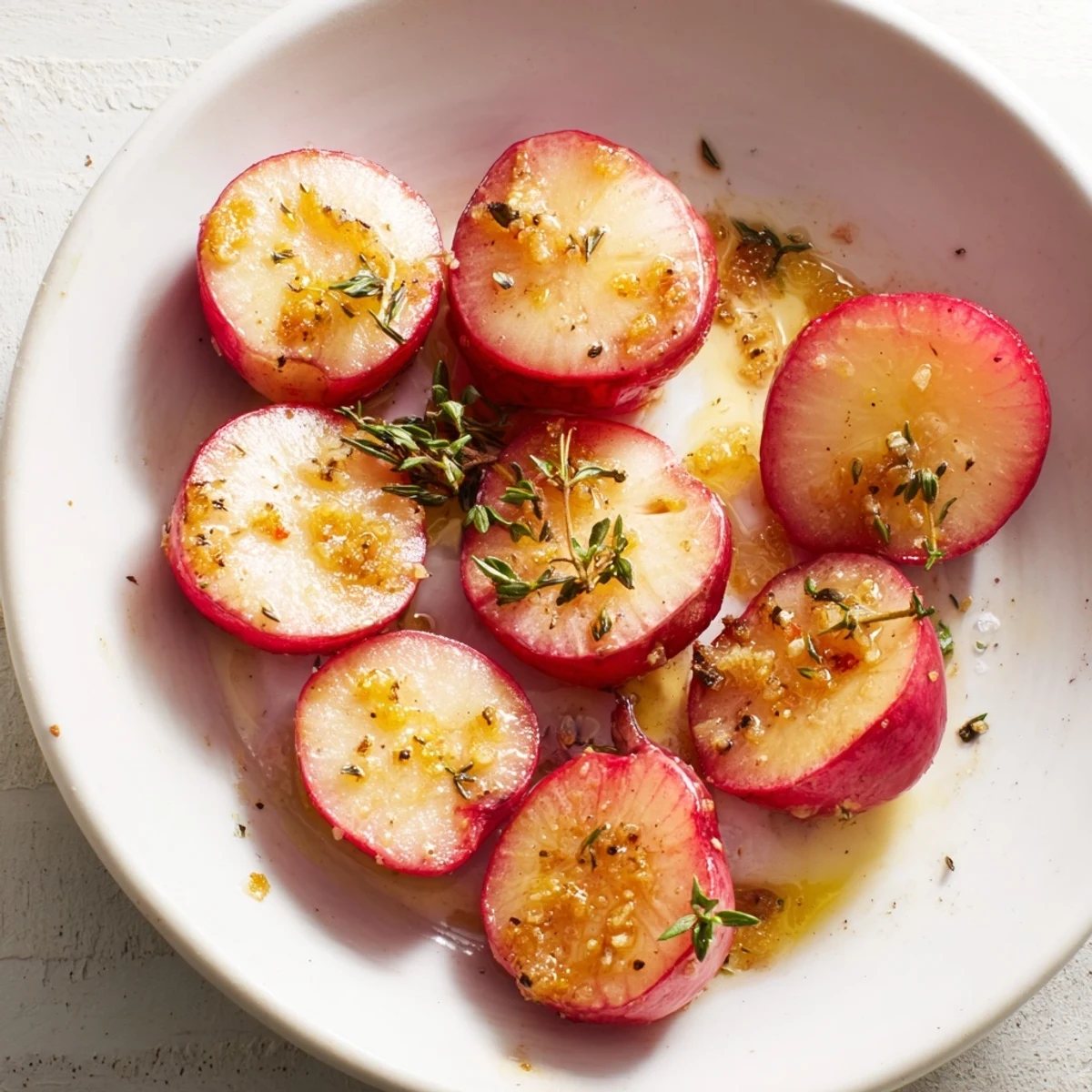 Tender roasted radishes with garlic and thyme, served warm as a healthy low-carb side dish for dinner.