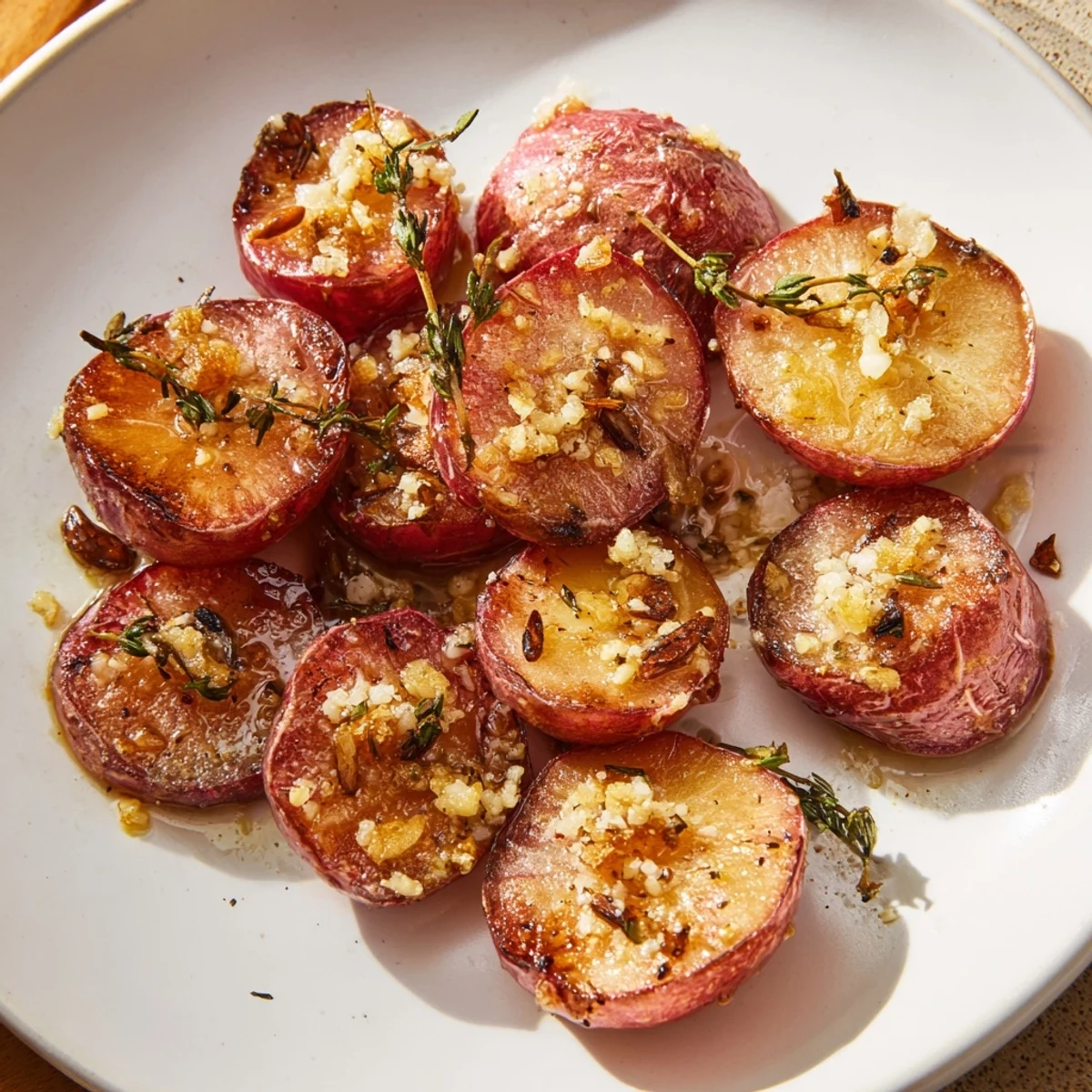 A close-up of golden roasted radishes with garlic and thyme, glistening with olive oil on a white plate.