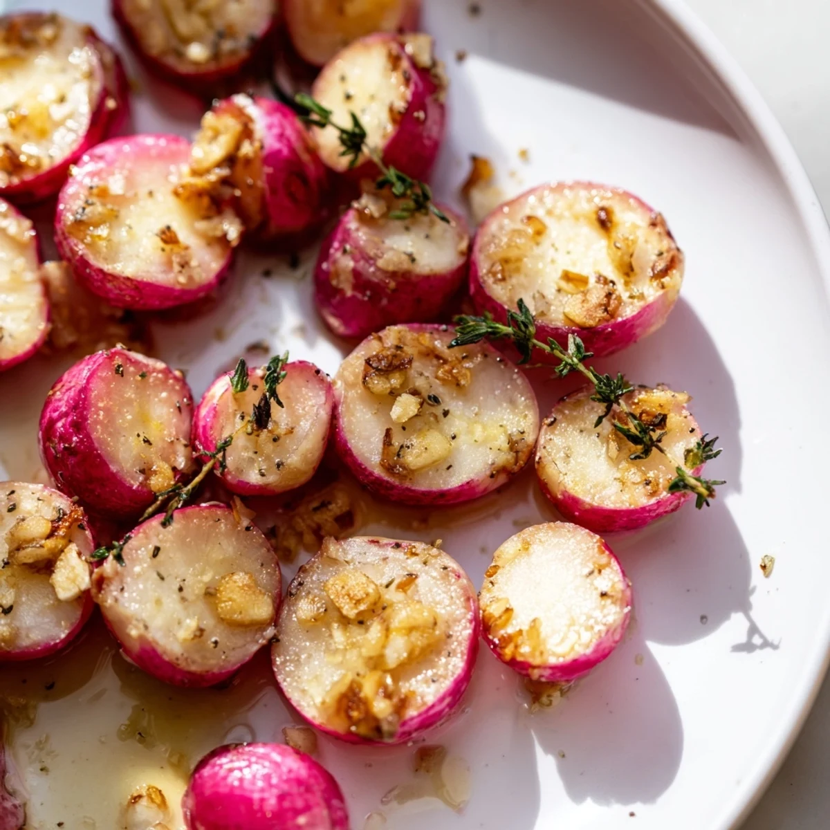 Garnished with fresh thyme, these vibrant roasted radishes with garlic offer a flavorful and easy vegetarian side dish.