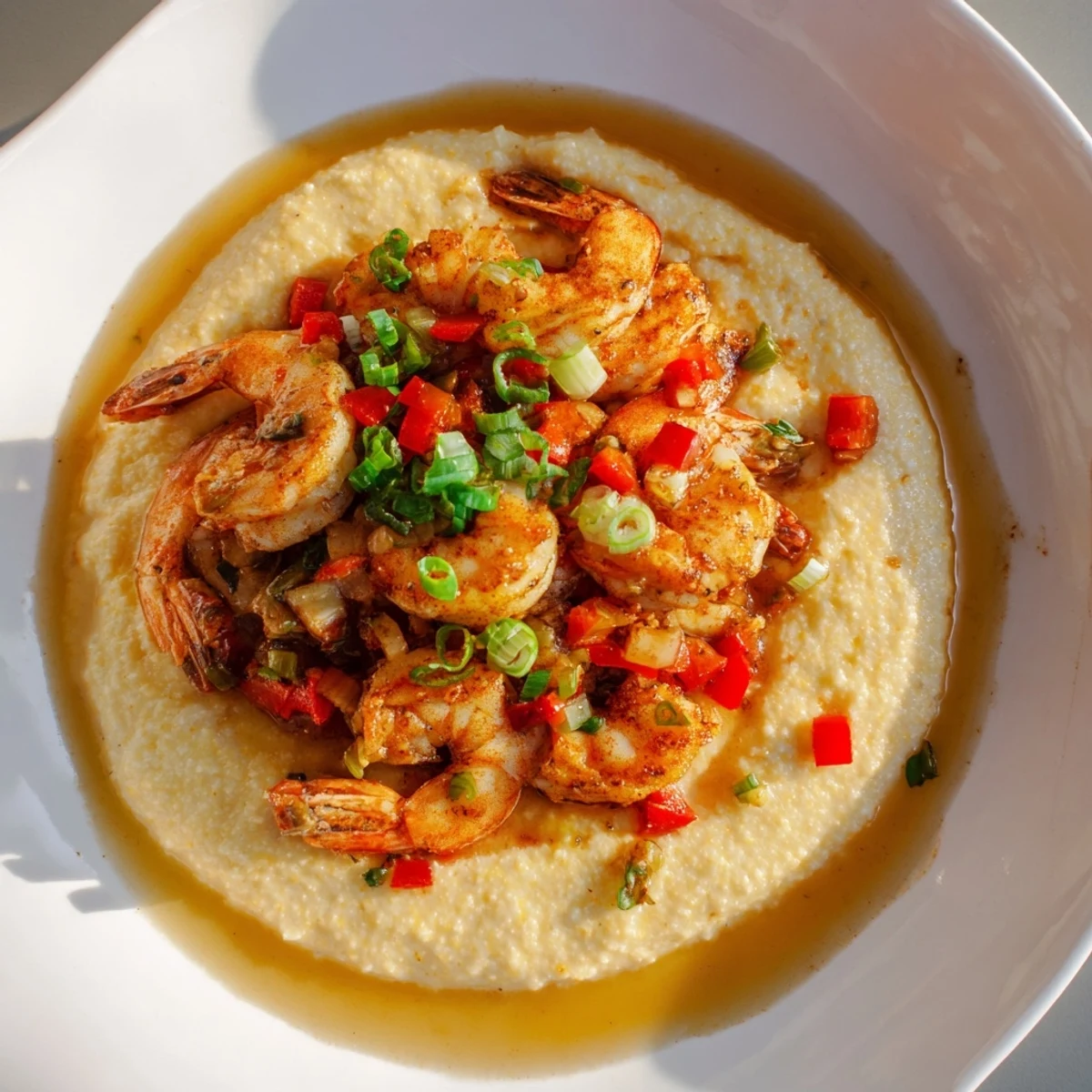 Creamy cheddar grits topped with spicy Cajun shrimp, garnished with fresh parsley and green onions.  