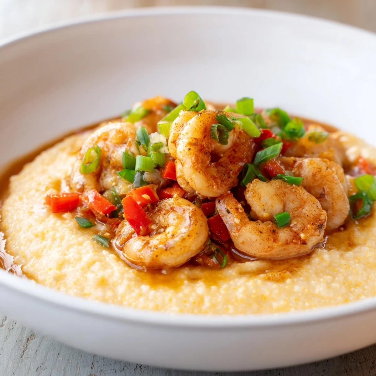 Golden, cheesy grits served with plump Cajun shrimp, perfect for a cozy comfort food meal.