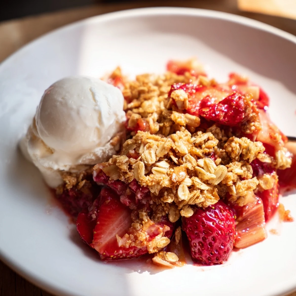 A close-up of Strawberry Rhubarb Crisp with a golden oat crumble topping, served warm in a ceramic dish.