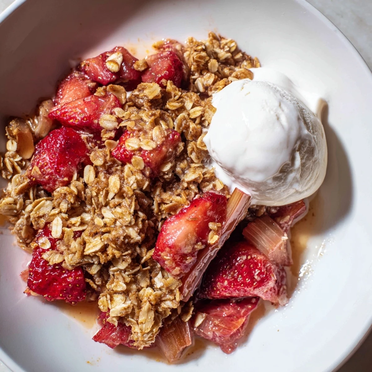 A rustic dish of Strawberry Rhubarb Crisp beside a scoop of melting vanilla ice cream, ready to serve.