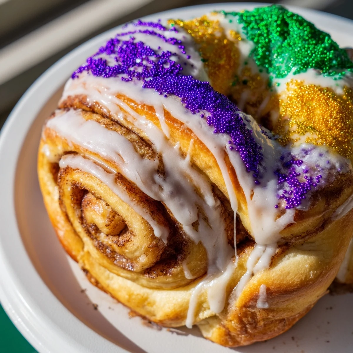 Golden-brown Mardi Gras king cake ready to serve, topped with sweet glaze and colorful Mardi Gras sprinkles.