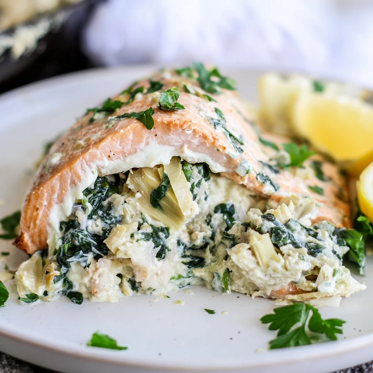 Succulent Creamy Spinach and Artichoke Stuffed Salmon flaking open to reveal the creamy filling, paired with lemon wedges on a plate.
