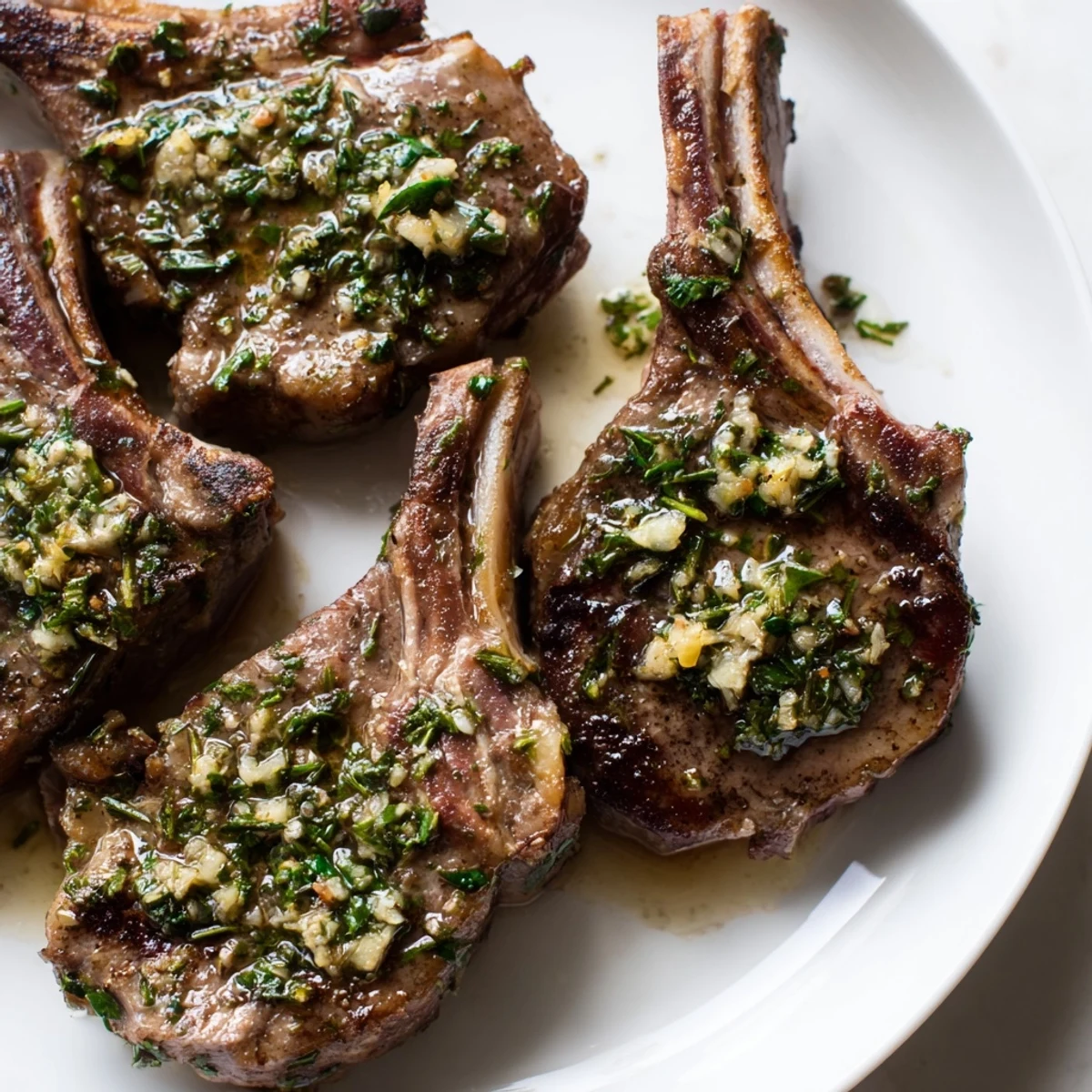 Golden Air Fryer Lamb Chops with Garlic Butter rest on a plate, garnished with fresh parsley and a pat of butter.  