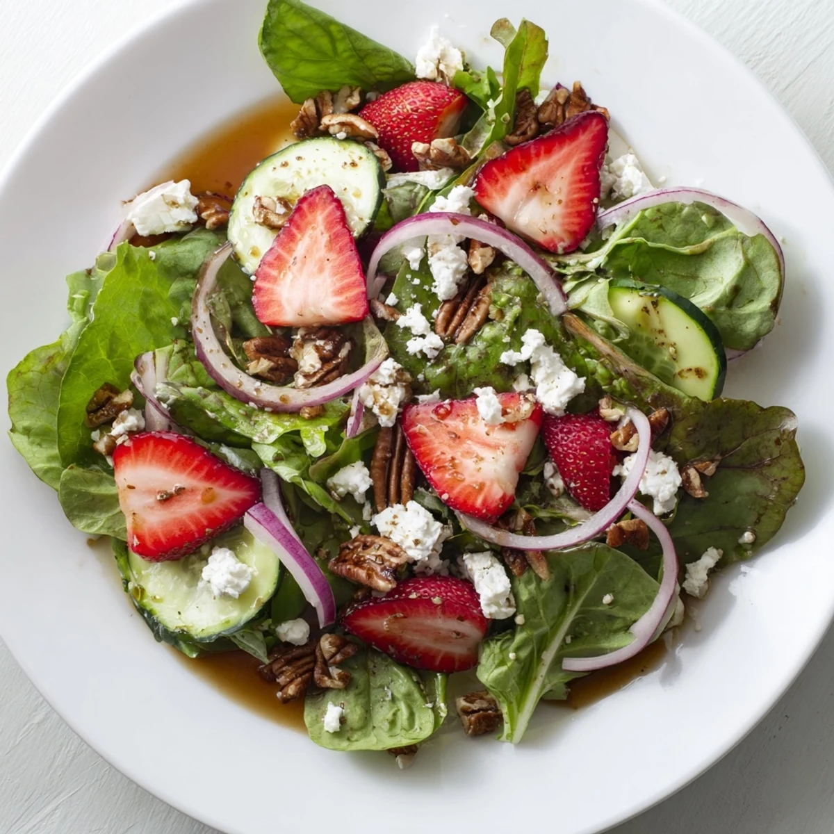 Tender spring mix greens topped with juicy sliced strawberries and creamy crumbled feta, tossed in a homemade balsamic vinaigrette for a bright, refreshing Spring Mix Salad with Strawberries and Feta.  