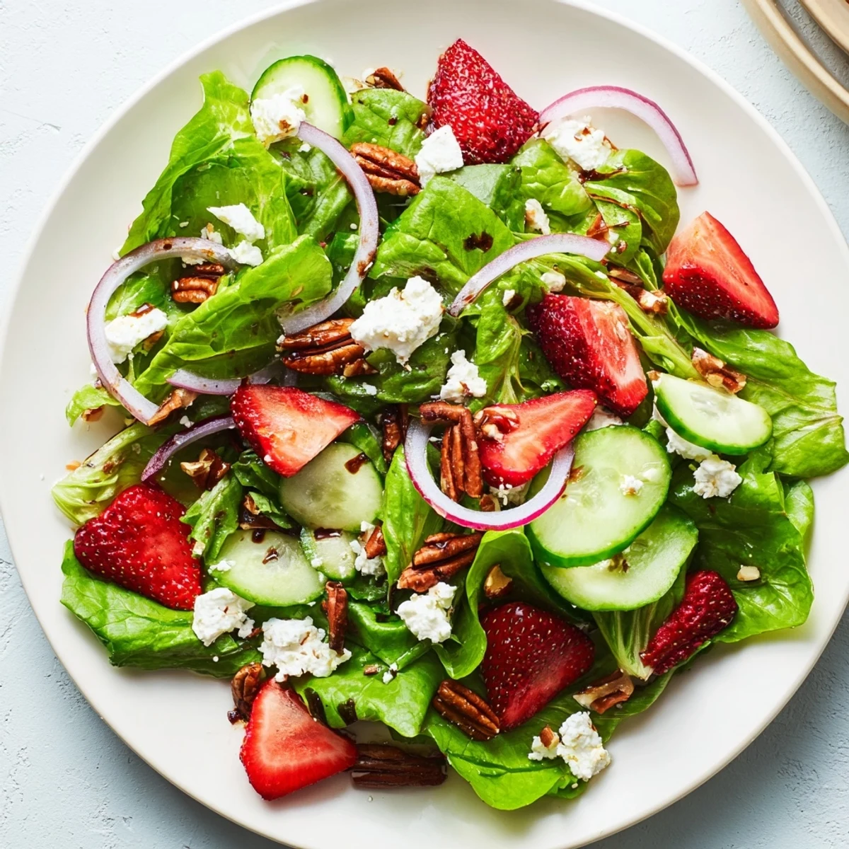 An elegant Spring Mix Salad with Strawberries and Feta served on a white plate, garnished with fresh mint and ready to pair with grilled chicken for a light lunch or dinner.