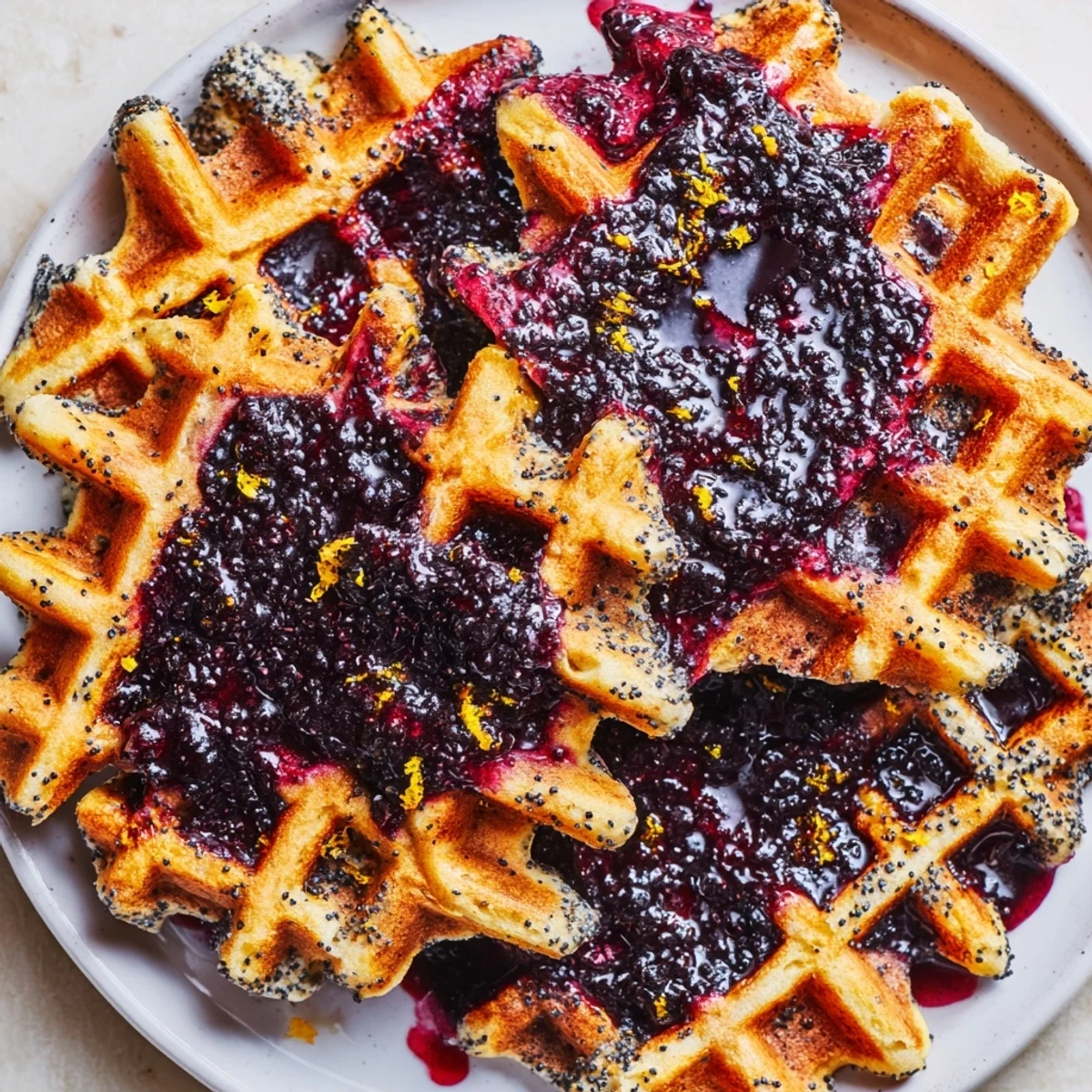 Crispy, golden Lemon Poppy Seed Waffles topped with a vibrant, homemade blueberry syrup for a bright morning treat.