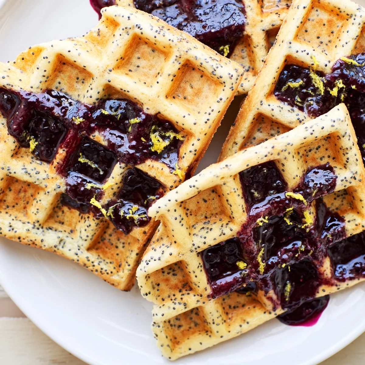 Warm, fluffy Lemon Poppy Seed Waffles drizzled with sweet blueberry syrup, perfect for a leisurely brunch spread.