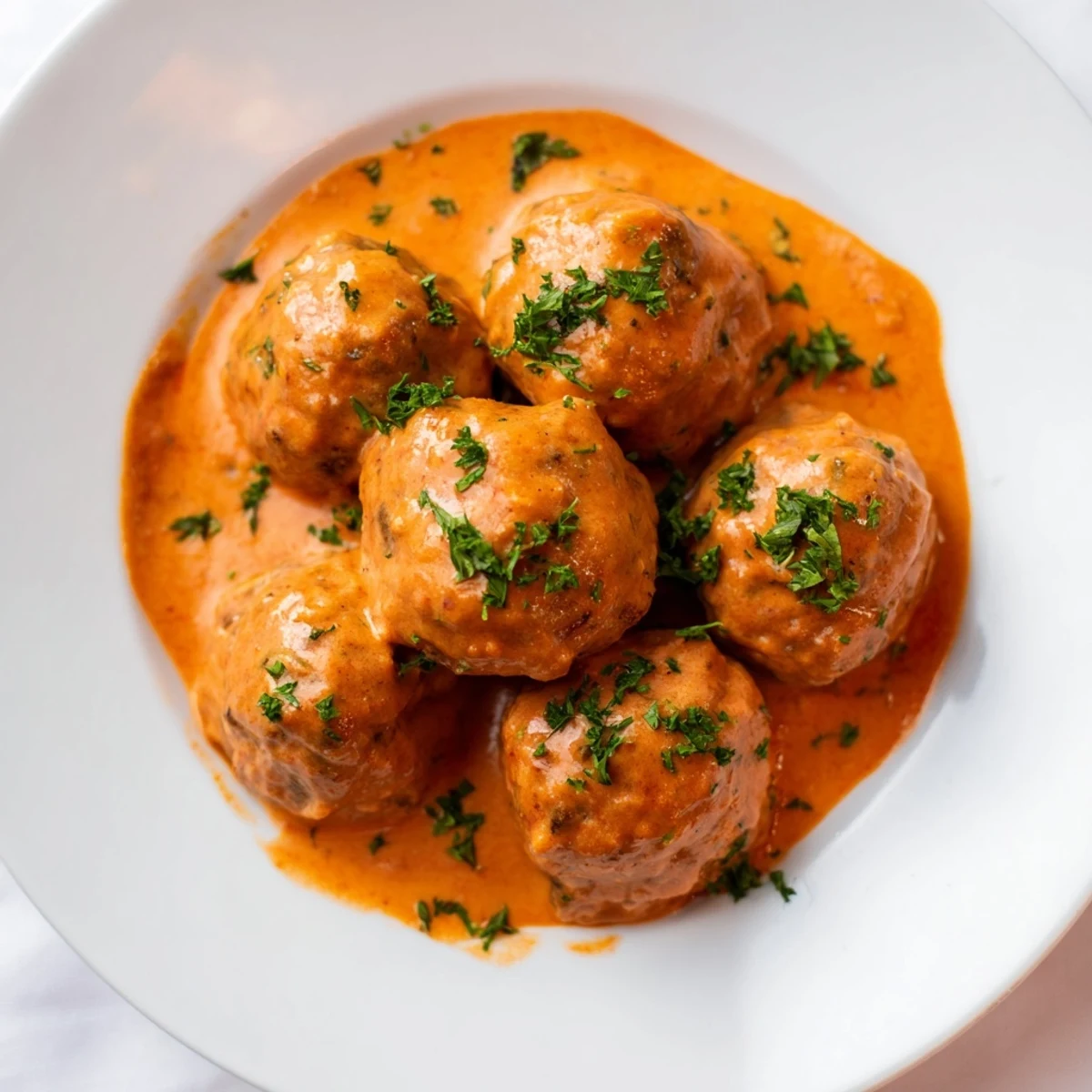 Turkey meatballs simmering in a vibrant roasted red pepper sauce, served steaming hot over creamy polenta.