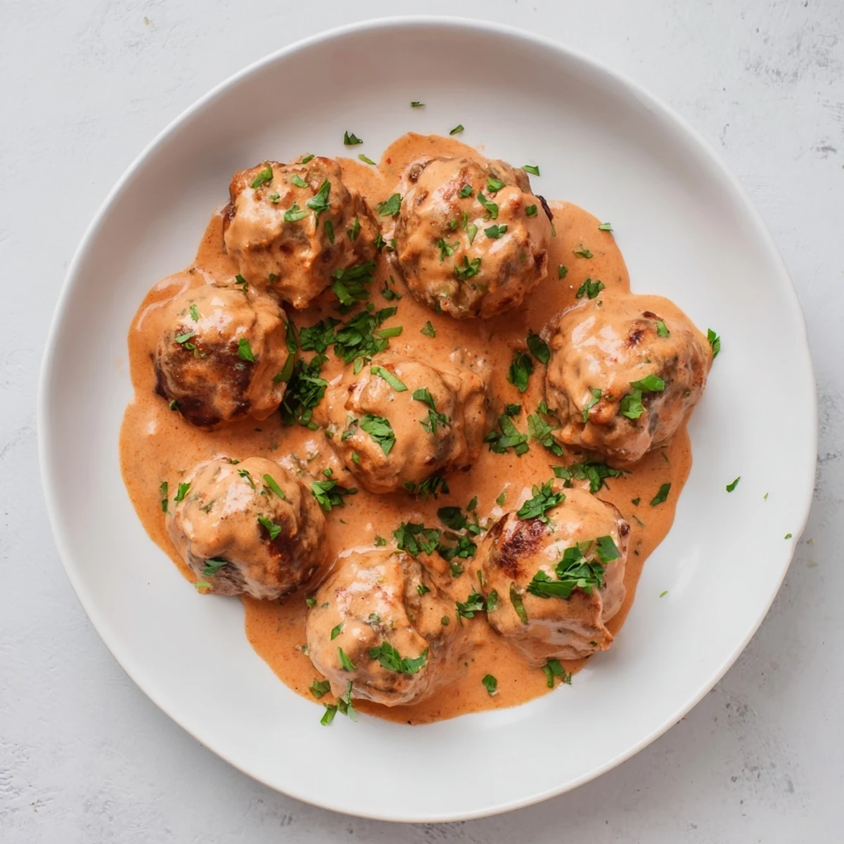 A close-up of tender turkey meatballs coated in a rich, creamy roasted red pepper sauce for a healthy meal.